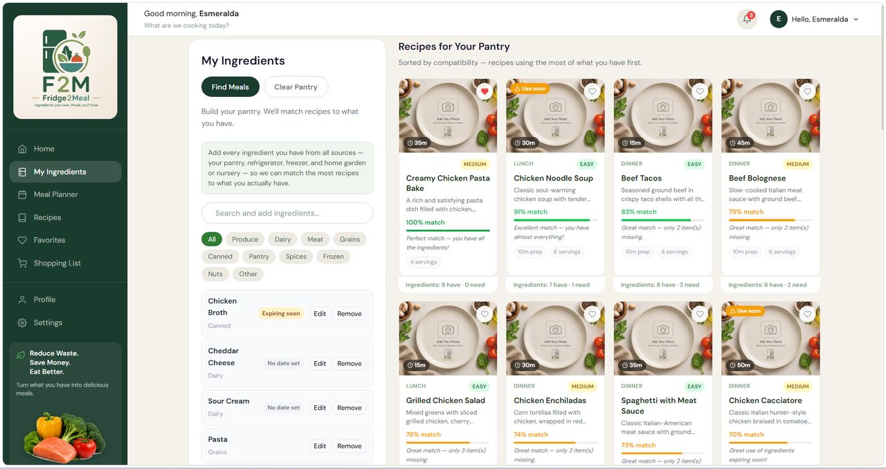 Recipe results ranked by compatibility percentage