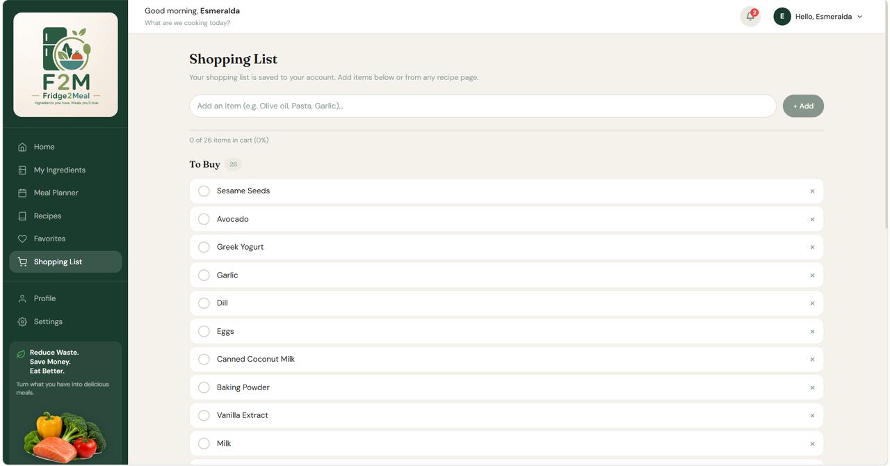 Shopping list interface