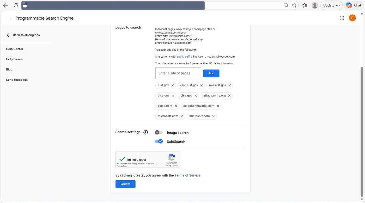 Programmable Search Engine configuration showing the allow-list of authoritative security domains
